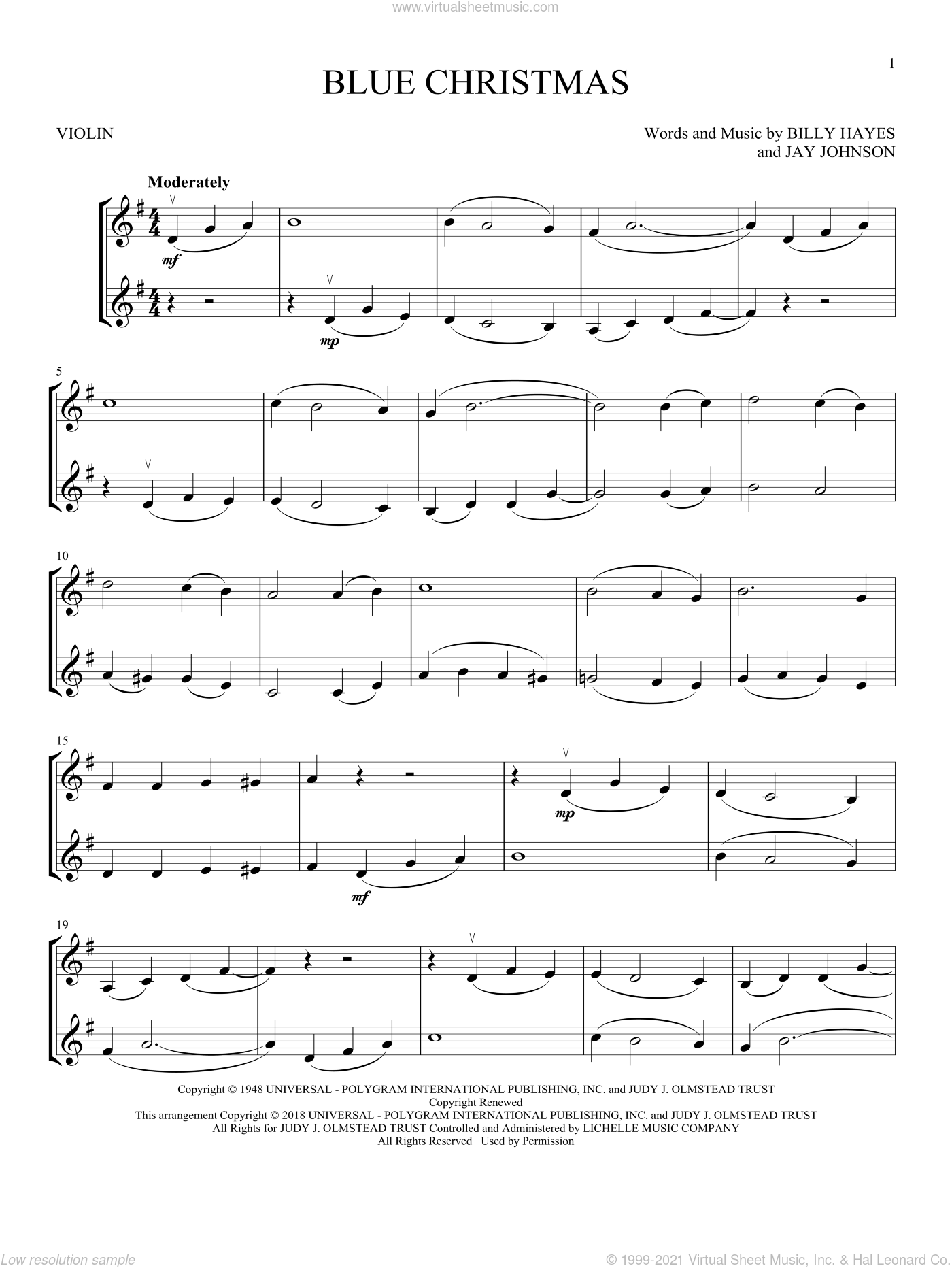 Blue Christmas Sheet Music For Two Violins Duets Violin Duets