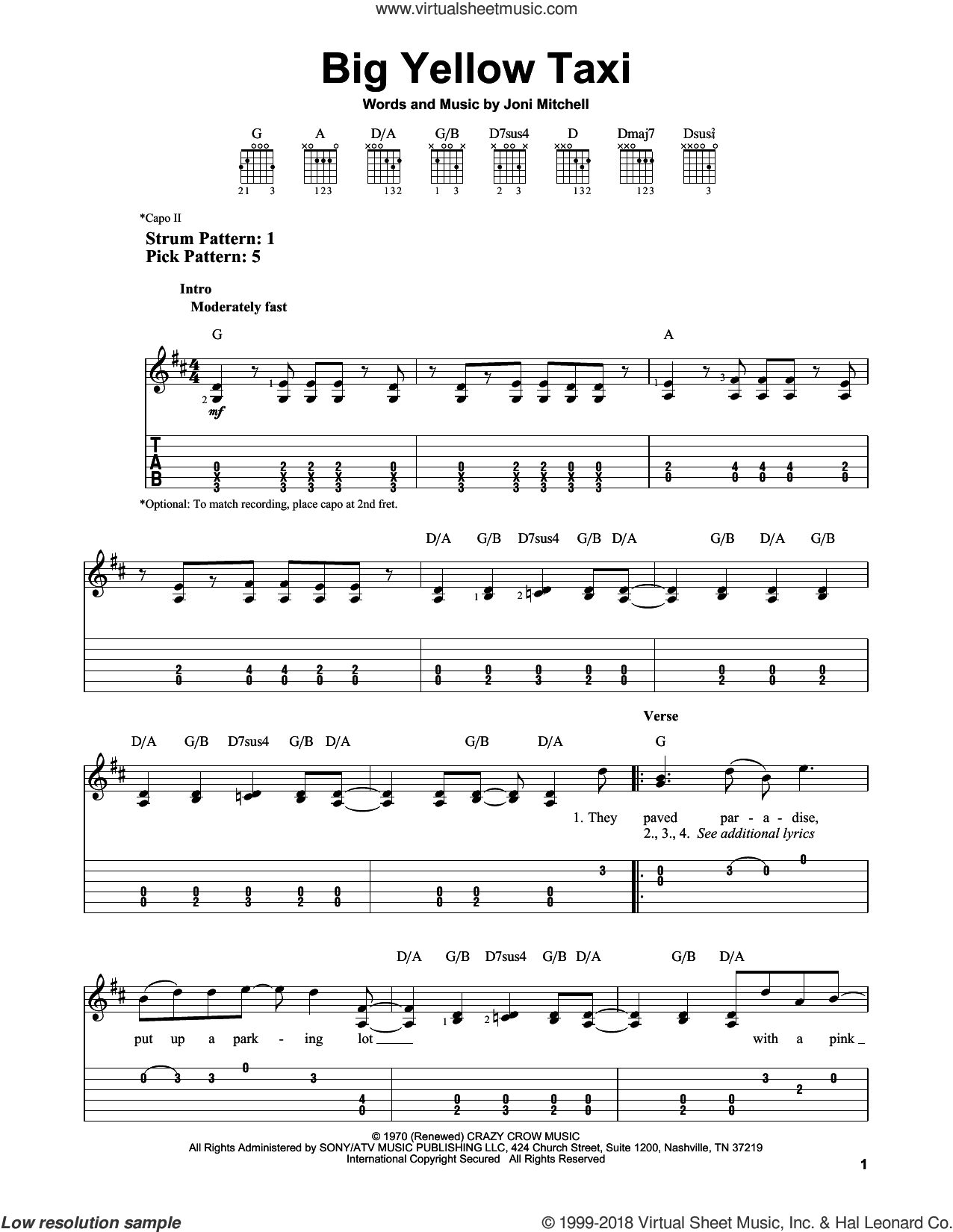 Big Yellow Taxi Sheet Music For Guitar Solo Easy Tablature