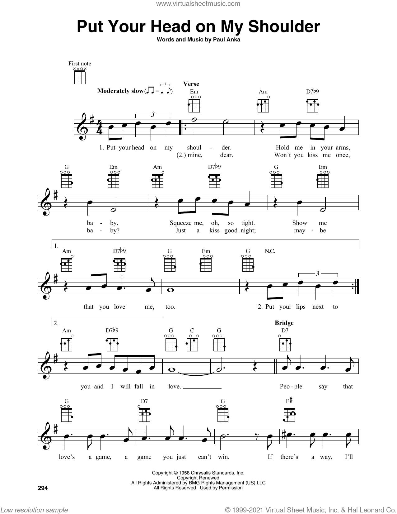 Put Your Head On My Shoulder Sheet Music For Baritone Ukulele Solo