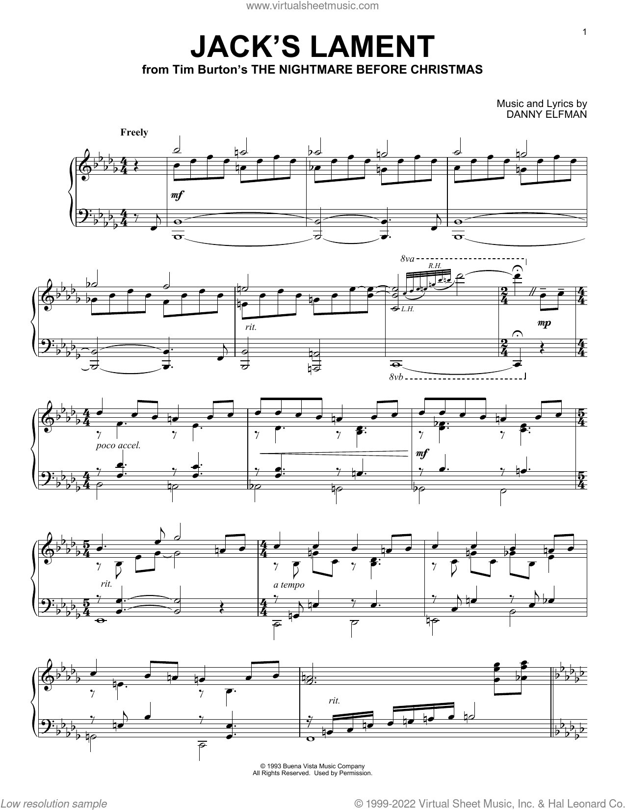 Jack S Lament From The Nightmare Before Christmas Sheet Music