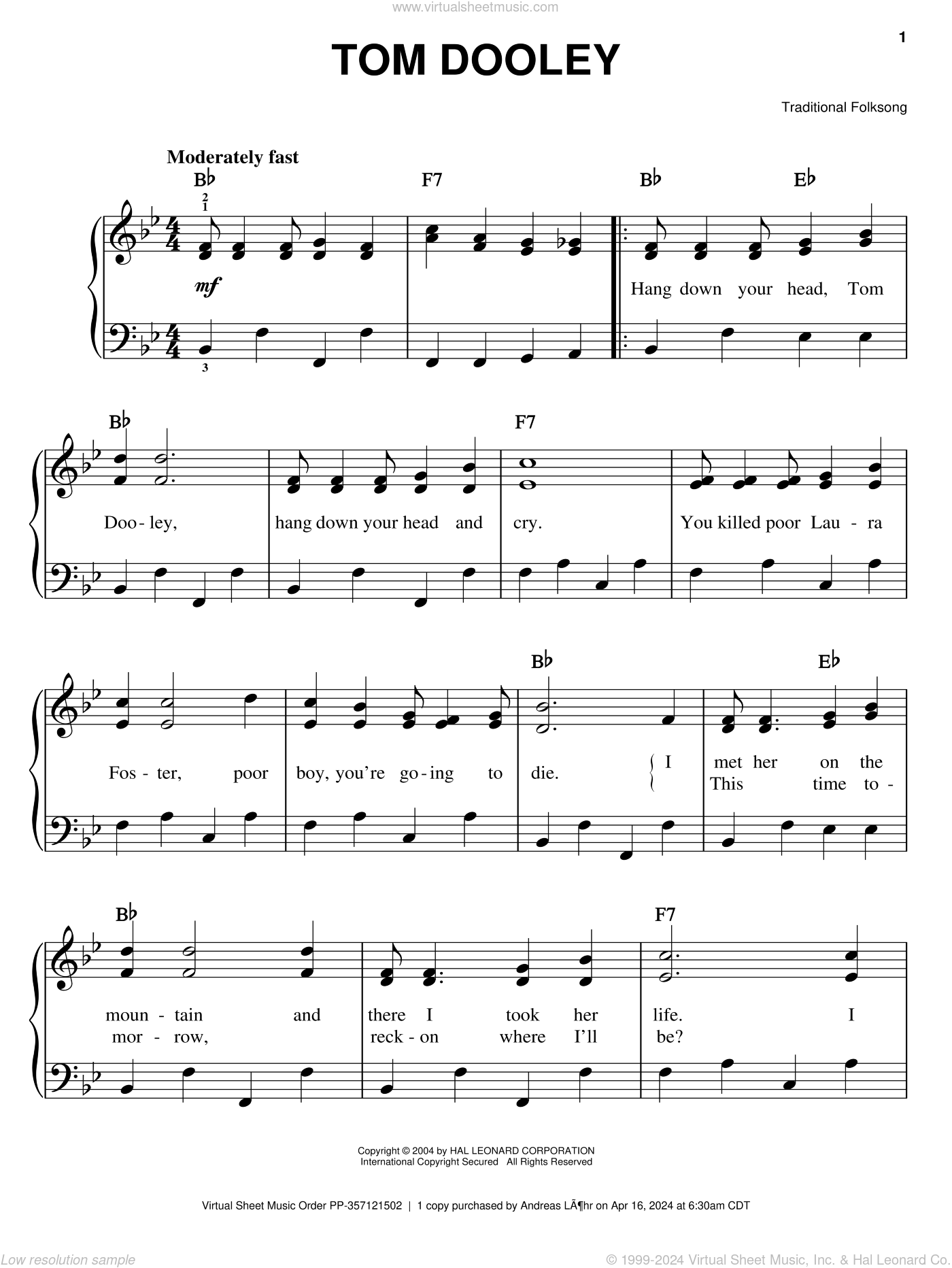 Tom Dooley Sheet Music For Piano Solo PDF Interactive