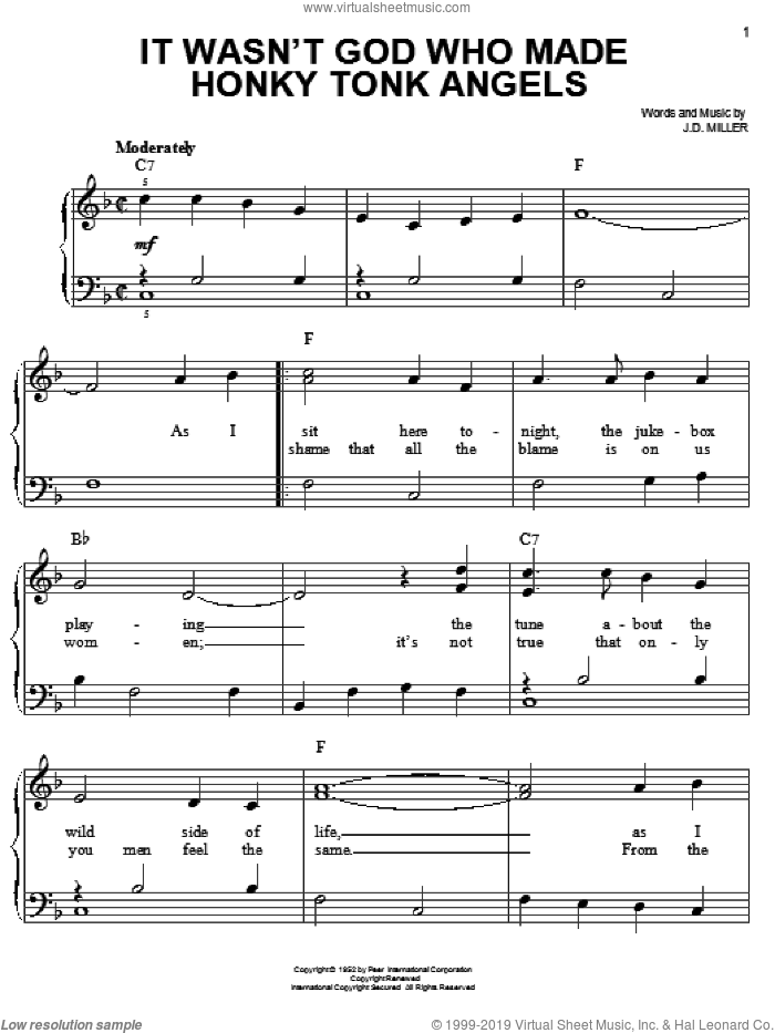 It Wasn T God Who Made Honky Tonk Angels Sheet Music Easy For Piano Solo