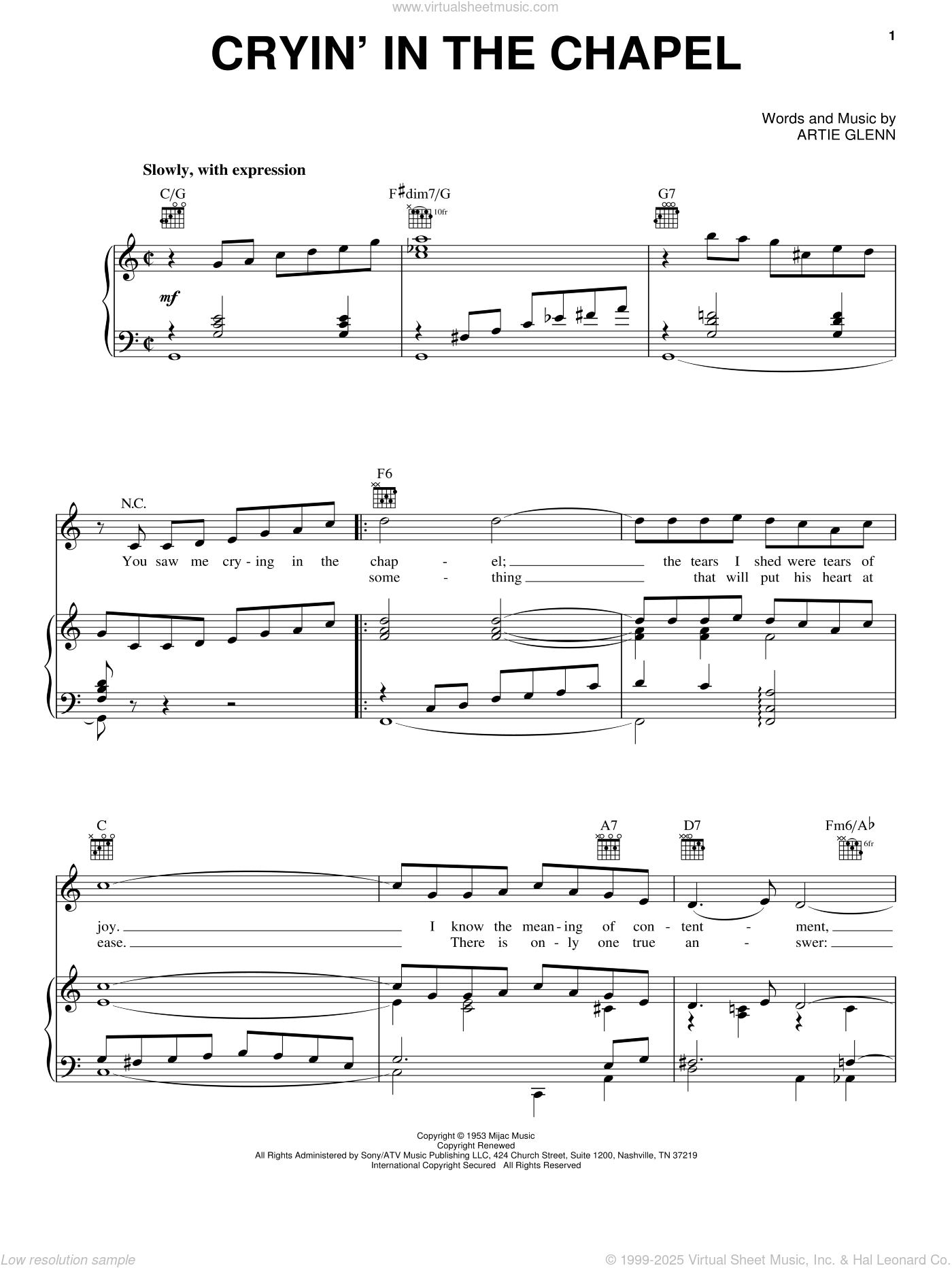 Crying In The Chapel Sheet Music For Voice Piano Or Guitar PDF