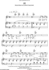 Cover icon of 22 sheet music for voice, piano or guitar by Lily Allen and Greg Kurstin, intermediate skill level