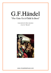 Cover icon of For Unto Us A Child Is Born sheet music for flute and piano by George Frideric Handel, classical score, intermediate skill level