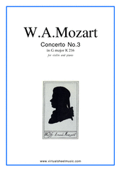 Cover icon of Concerto No. 3 in G major K216 sheet music for violin and piano by Wolfgang Amadeus Mozart, classical score, intermediate skill level