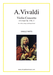 Cover icon of Concerto in G major Op.3 No.3 (parts) sheet music for violin, strings and harpsichord by Antonio Vivaldi, classical score, intermediate orchestra