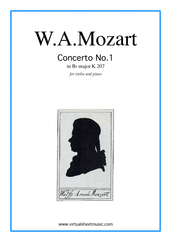 Cover icon of Concerto No. 1 in Bb major K207 sheet music for violin and piano by Wolfgang Amadeus Mozart, classical score, intermediate skill level