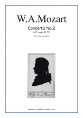 Cover icon of Concerto No. 2 in D major K211 sheet music for violin and piano by Wolfgang Amadeus Mozart, classical score, intermediate skill level