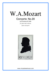 Cover icon of Concerto in D minor No.20 K466 sheet music for piano and orchestra by Wolfgang Amadeus Mozart, classical score, intermediate skill level