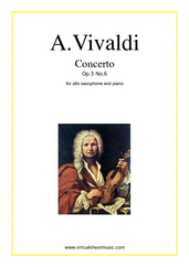 Cover icon of Concerto in A minor Op.3 No.6 sheet music for alto saxophone and piano by Antonio Vivaldi, classical score, easy/intermediate skill level