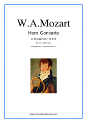 Cover icon of Concerto No.1 K412 (transposed in C major) sheet music for horn and piano by Wolfgang Amadeus Mozart, classical score, intermediate skill level