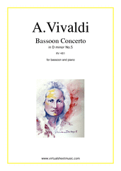 Cover icon of Concerto in D minor RV 481 sheet music for bassoon and piano by Antonio Vivaldi, classical score, intermediate skill level