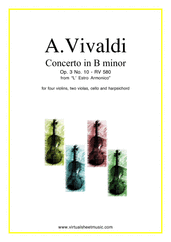 Cover icon of Concerto in B minor Op.3 No.10 RV 580 (parts) sheet music for four violins, strings and harpsichord by Antonio Vivaldi, classical score, intermediate/advanced skill level