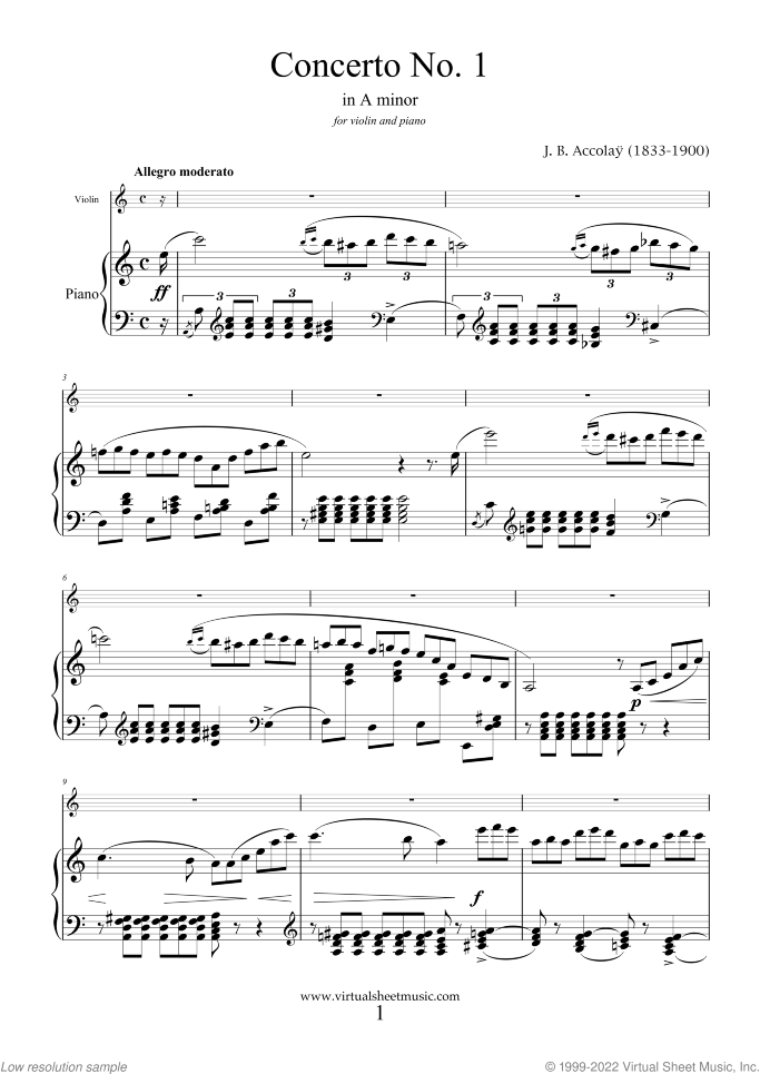 Concerto No.1 in A minor sheet music for violin and piano by Jean Baptiste Accolay, classical score, intermediate/advanced skill level