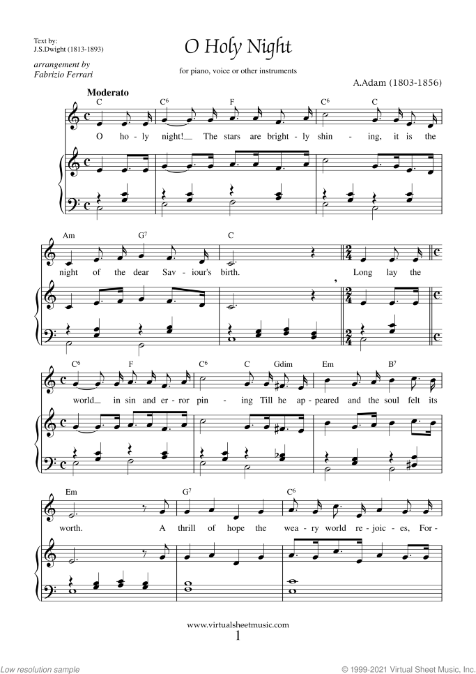 O Holy Night Piano Sheet Music, Easy with Lyrics [PDF]