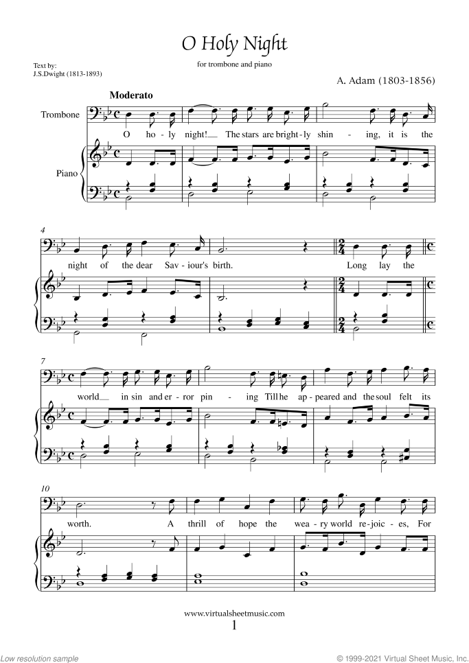 O Holy Night sheet music for trombone and piano by Adolphe Adam, easy skill level