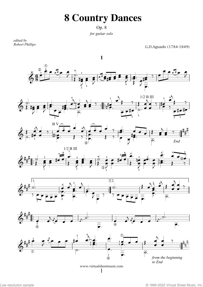 Country Dances sheet music for guitar solo by Garcia Dionisio Aguado, classical score, easy/intermediate skill level