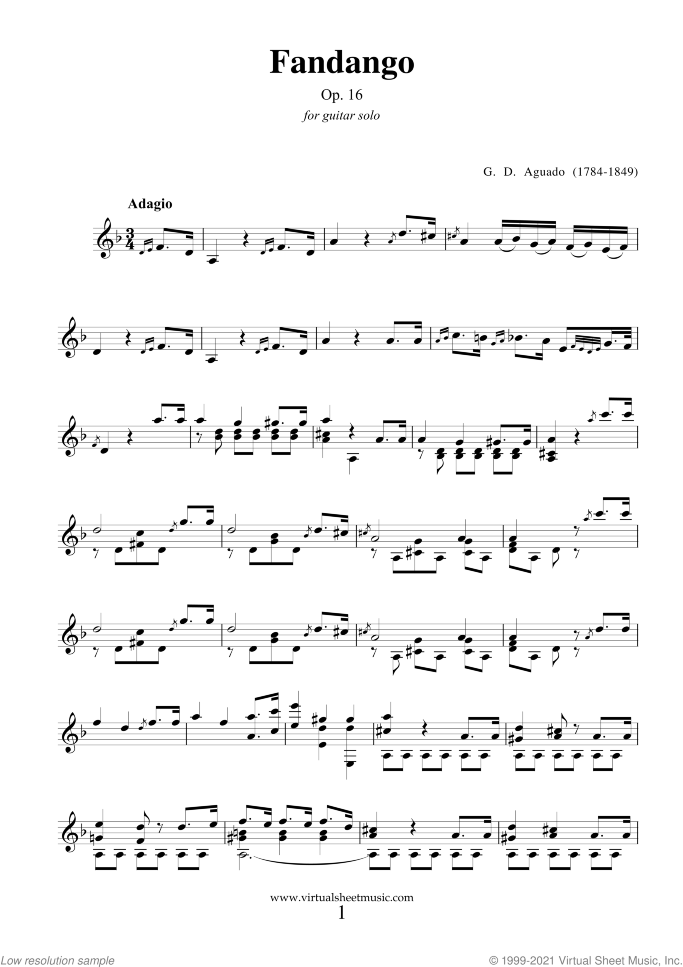 Fandango Op.16 sheet music for guitar solo by Garcia Dionisio Aguado, classical score, easy/intermediate skill level