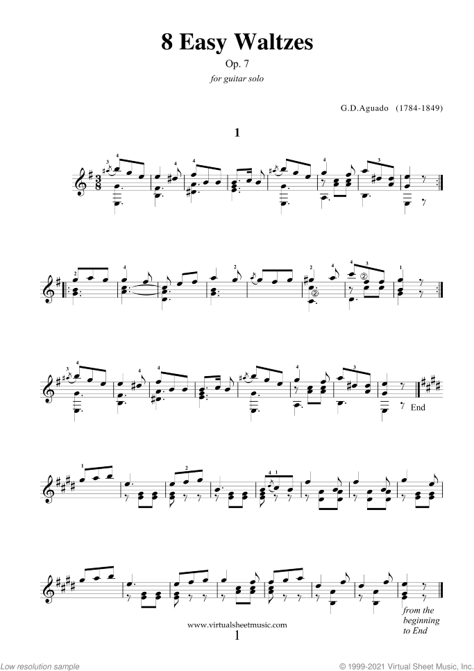 Easy Waltzes sheet music for guitar solo by Garcia Dionisio Aguado, classical score, easy/intermediate skill level