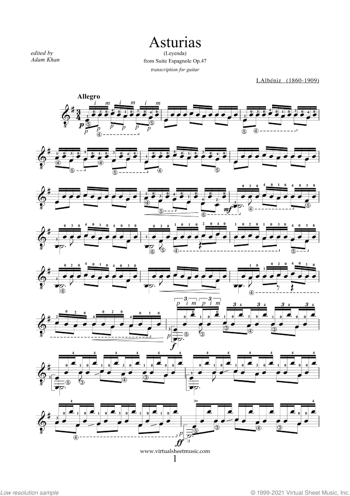 Asturias (Leyenda) sheet music for guitar solo by Isaac Albeniz, classical score, advanced skill level