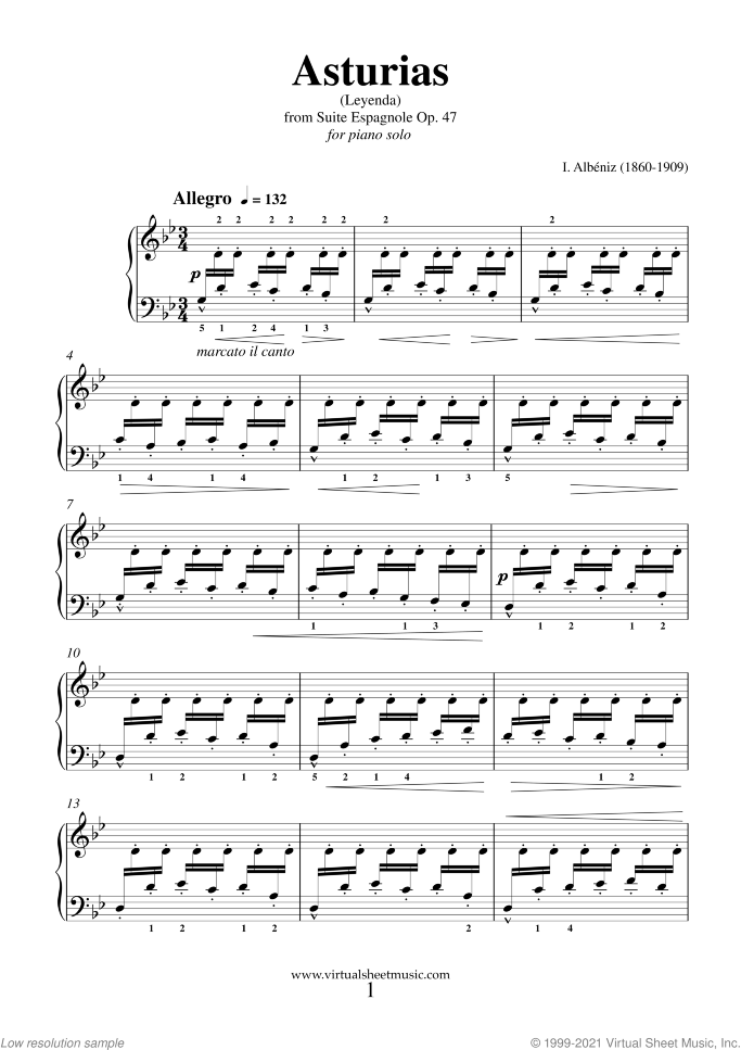 Asturias (Leyenda) sheet music for piano solo by Isaac Albeniz, classical score, advanced skill level