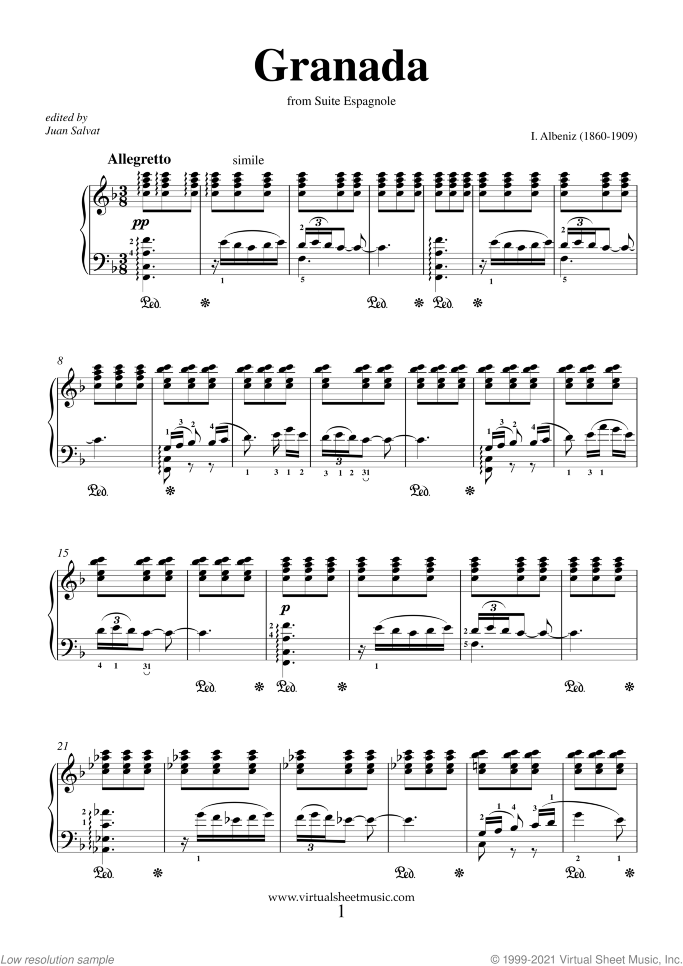 Granada sheet music for piano solo by Isaac Albeniz, classical score, intermediate/advanced skill level