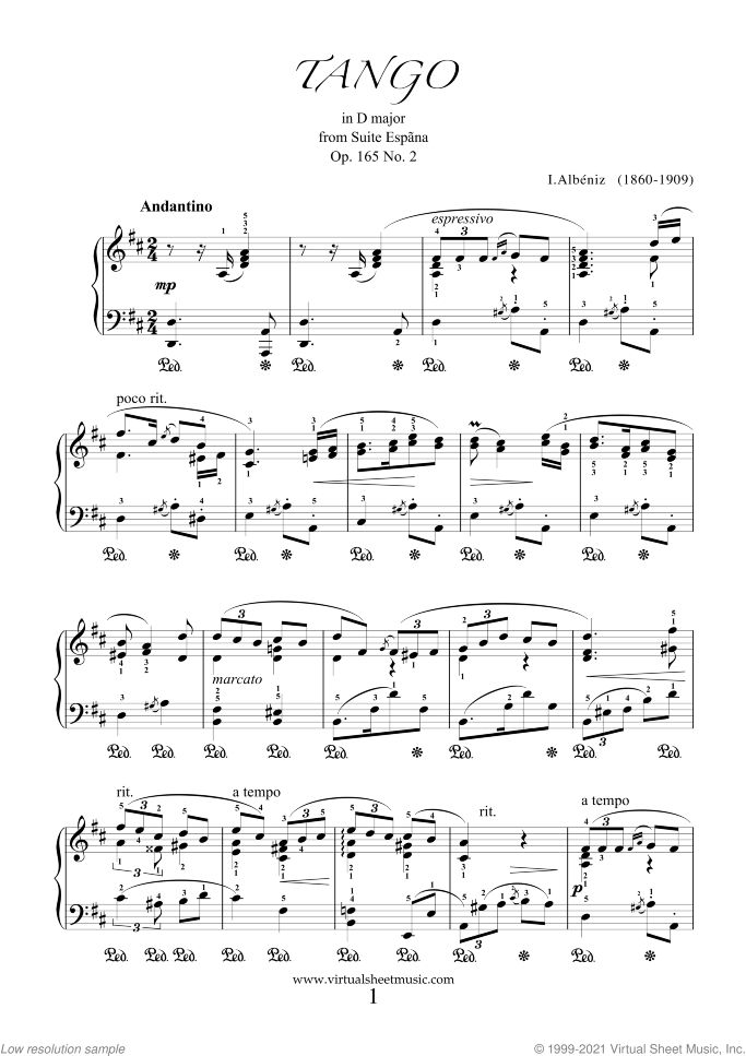 Tango Op.165 No.2 sheet music for piano solo by Isaac Albeniz, classical score, intermediate skill level