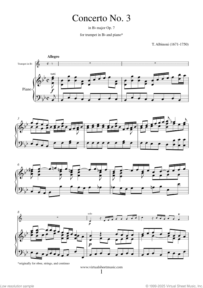 Concerto Op.7 No.3 sheet music for trumpet and piano by Tomaso Albinoni, classical score, intermediate skill level