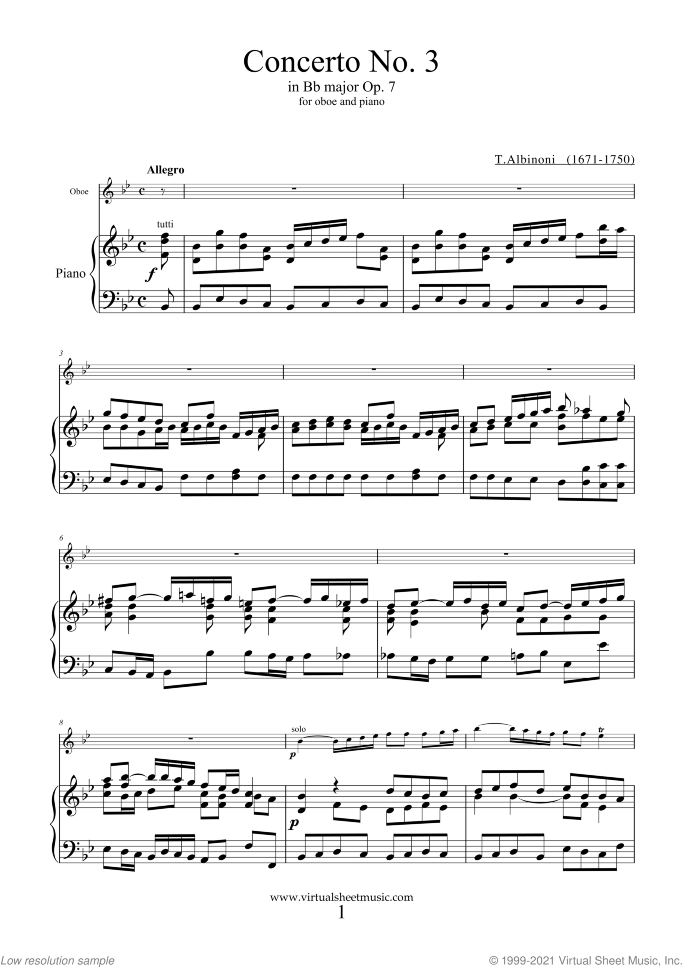 Concerto Op.7 No.3 sheet music for oboe and piano by Tomaso Albinoni, classical score, intermediate skill level