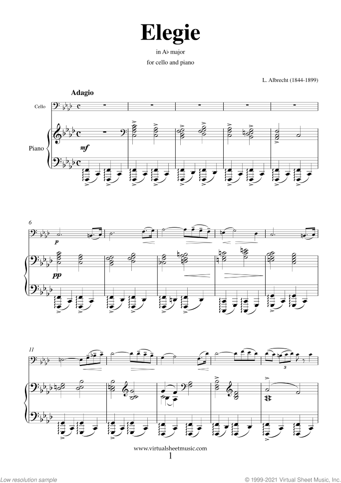 Elegie in Ab minor sheet music for cello and piano by Ludwig Albrecht, classical score, intermediate/advanced skill level