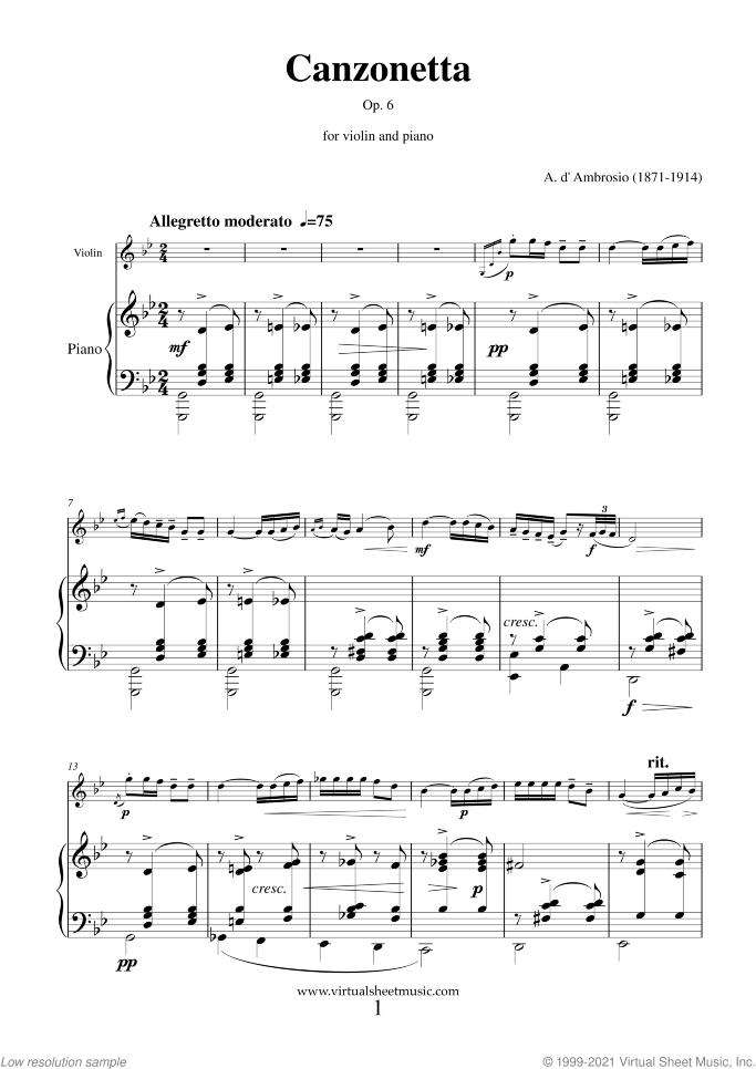 Canzonetta Op. 6 sheet music for violin and piano by Alfredo d'Ambrosio, classical wedding score, advanced skill level