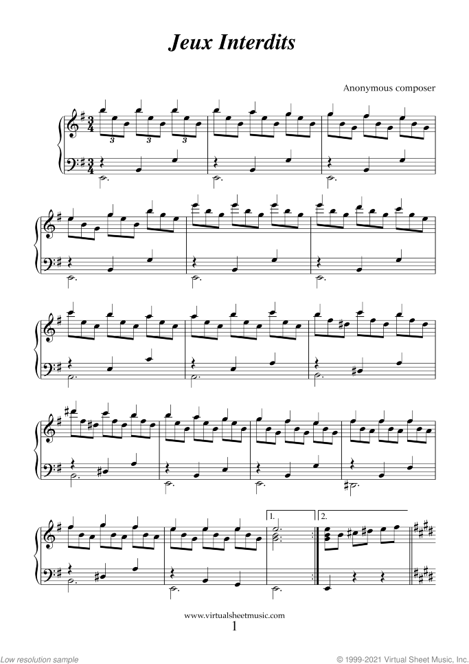 Jeux Interdits (Spanish Romance) sheet music for piano solo by Anonymous, classical score, easy skill level