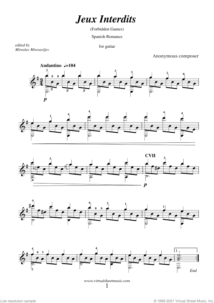 Jeux Interdits (Spanish Romance) sheet music for guitar solo by Anonymous, classical score, easy/intermediate skill level
