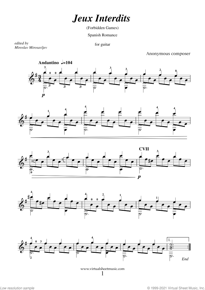 spanish romance classical guitar sheet music