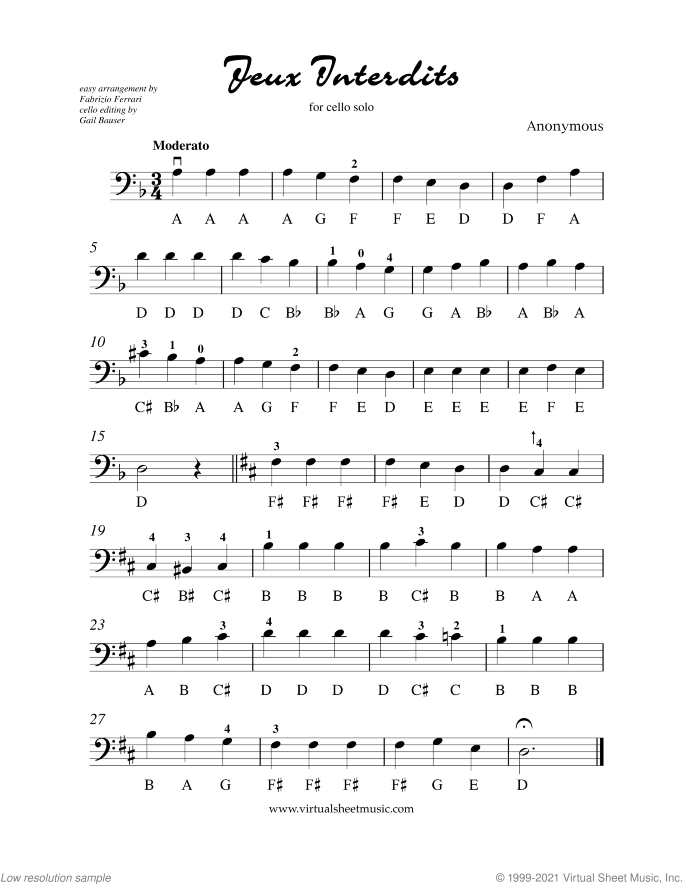 Jeux Interdits (Spanish Romance) sheet music for cello solo by Anonymous, classical score, easy/intermediate skill level