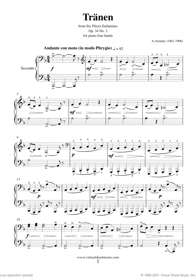 Six Pieces Enfantines Op.34 No.3 - Tranen sheet music for piano four hands by Anton Arensky, classical score, intermediate skill level