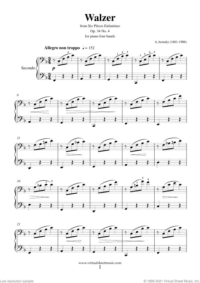 Six Pieces Enfantines Op.34 No.4 - Walzer sheet music for piano four hands by Anton Arensky, classical score, intermediate skill level