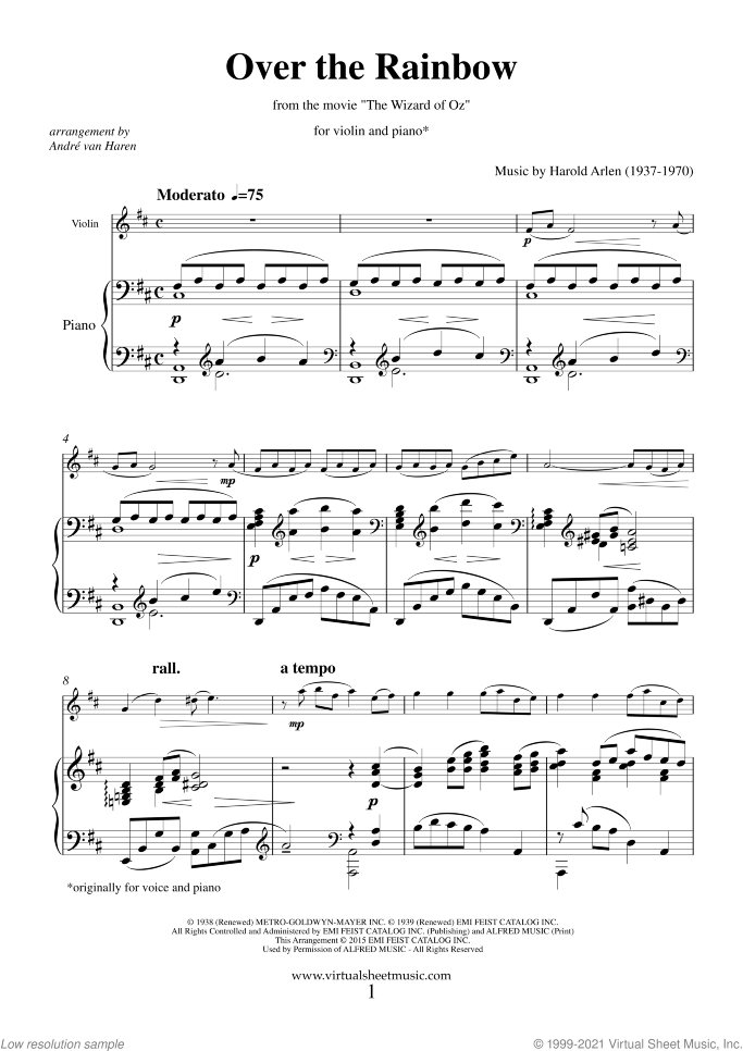 Expectativa Virus biografía Over the Rainbow sheet music for violin and piano (PDF)
