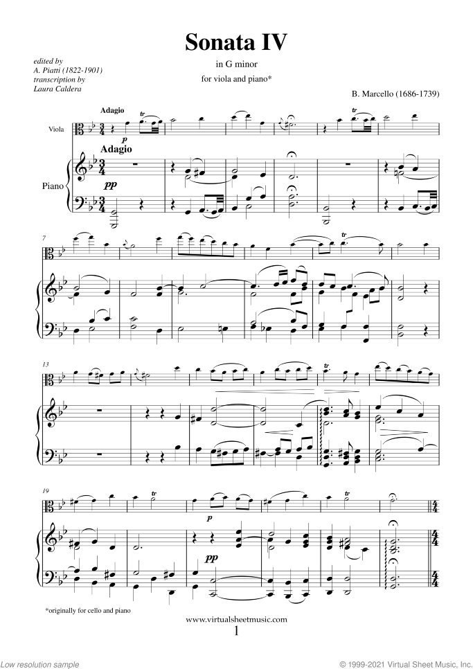 Sonata IV in G minor sheet music for viola and piano by Benedetto Marcello, classical score, intermediate/advanced skill level
