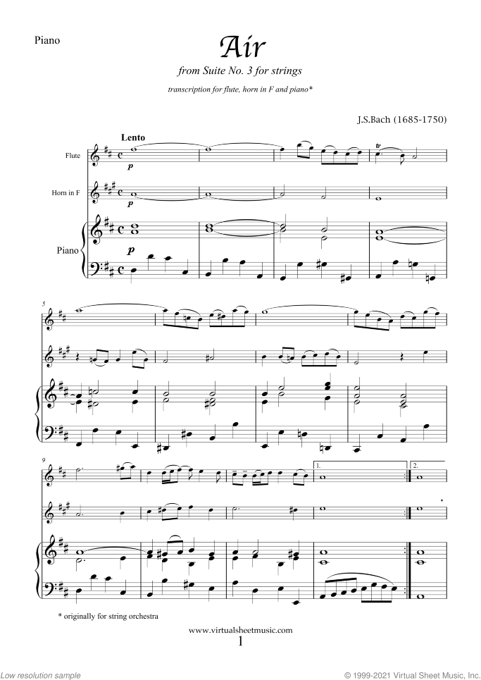 Air from Suite No.3 (on the G string) sheet music for flute, horn and piano by Johann Sebastian Bach, classical score, intermediate skill level