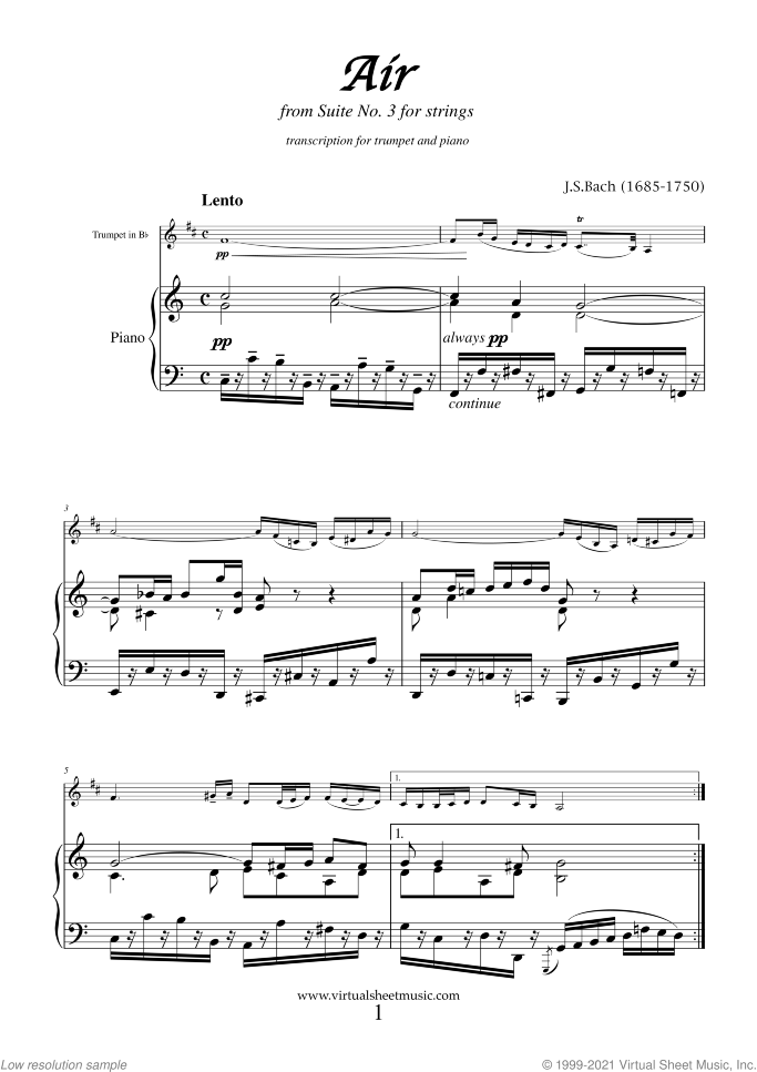 Air from Suite No.3 (on the G string) sheet music for trumpet and piano by Johann Sebastian Bach, classical score, intermediate skill level