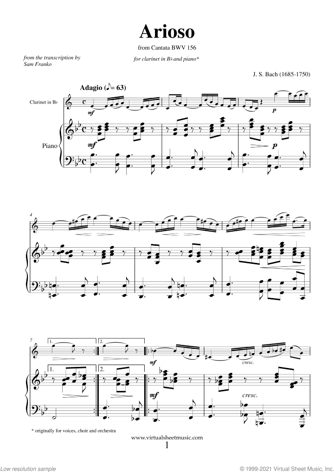 Arioso sheet music for clarinet and piano by Johann Sebastian Bach, classical wedding score, intermediate skill level