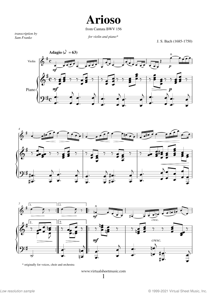 Arioso sheet music for violin and piano by Johann Sebastian Bach, classical wedding score, intermediate skill level