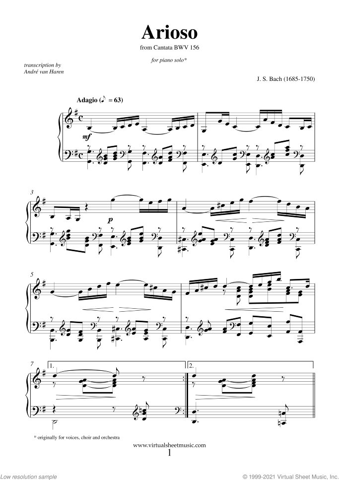 Arioso sheet music for piano solo by Johann Sebastian Bach, classical wedding score, intermediate skill level