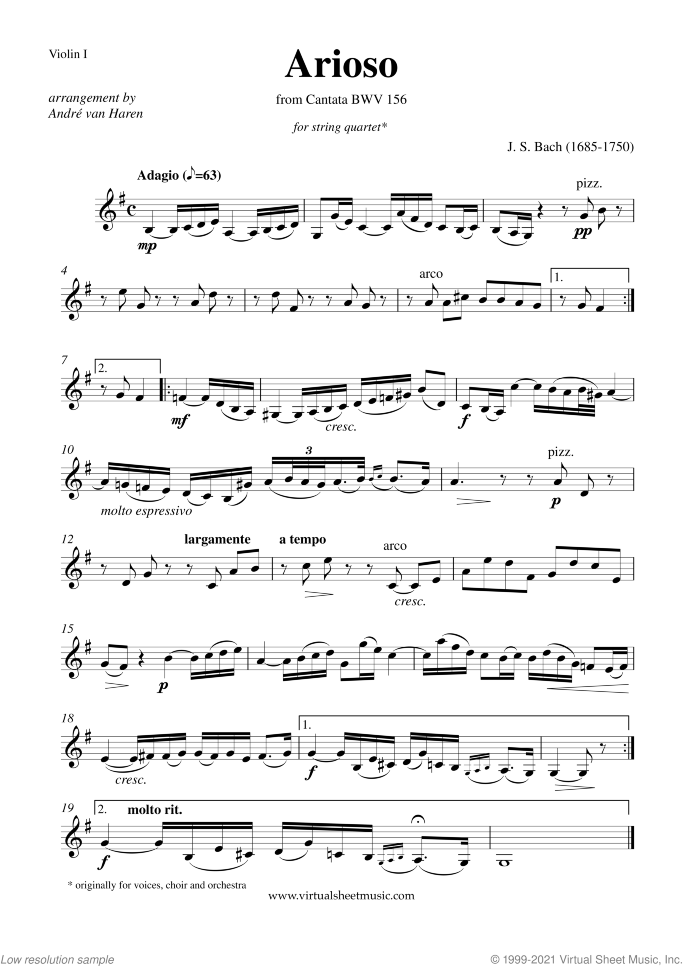 Arioso (parts) sheet music for string quartet by Johann Sebastian Bach, classical wedding score, intermediate skill level