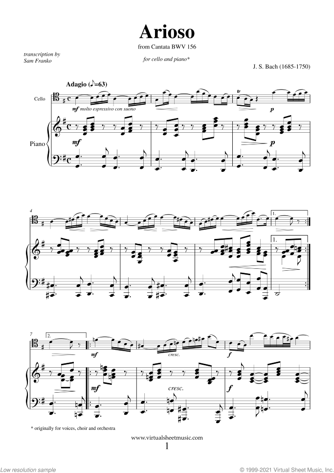 Arioso sheet music for cello and piano by Johann Sebastian Bach, classical wedding score, intermediate skill level
