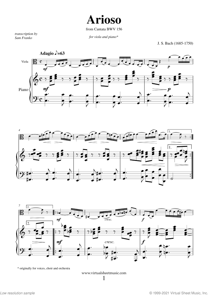 Arioso sheet music for viola and piano by Johann Sebastian Bach, classical wedding score, intermediate skill level