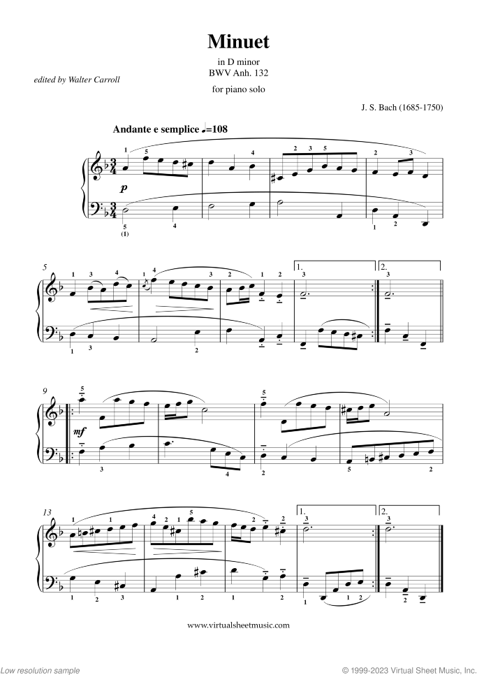 Minuet in D minor sheet music for piano solo by Johann Sebastian Bach, classical score, beginner skill level
