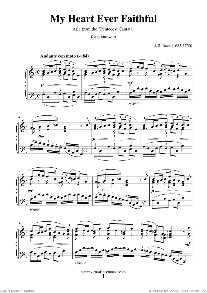 My Heart Ever Faithful sheet music for piano solo by Johann Sebastian Bach, classical wedding score, intermediate/advanced skill level